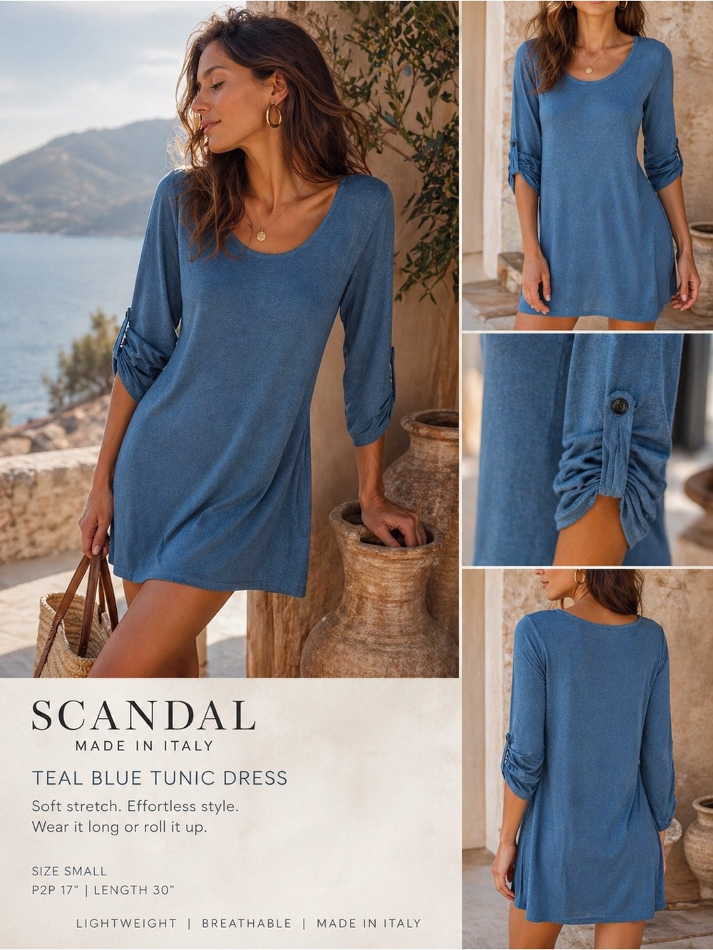 Scandal Made in Italy Teal Blue Tunic Mini Dress S Lagenlook Stretch 3/4 Sleeve